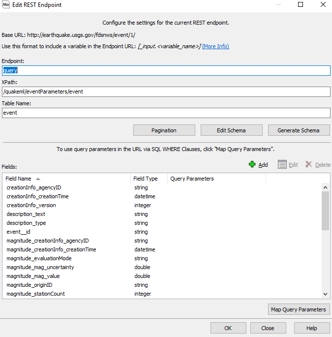 Edit REST Endpoint dialog showing a table name of "event" followed by a list of fields found in the data.  Fields in the earthquake data include: description_text, description_type, event__id, magnitude_creationInfo_agencyID, magnitude_evaluationMode, and many others in a list.